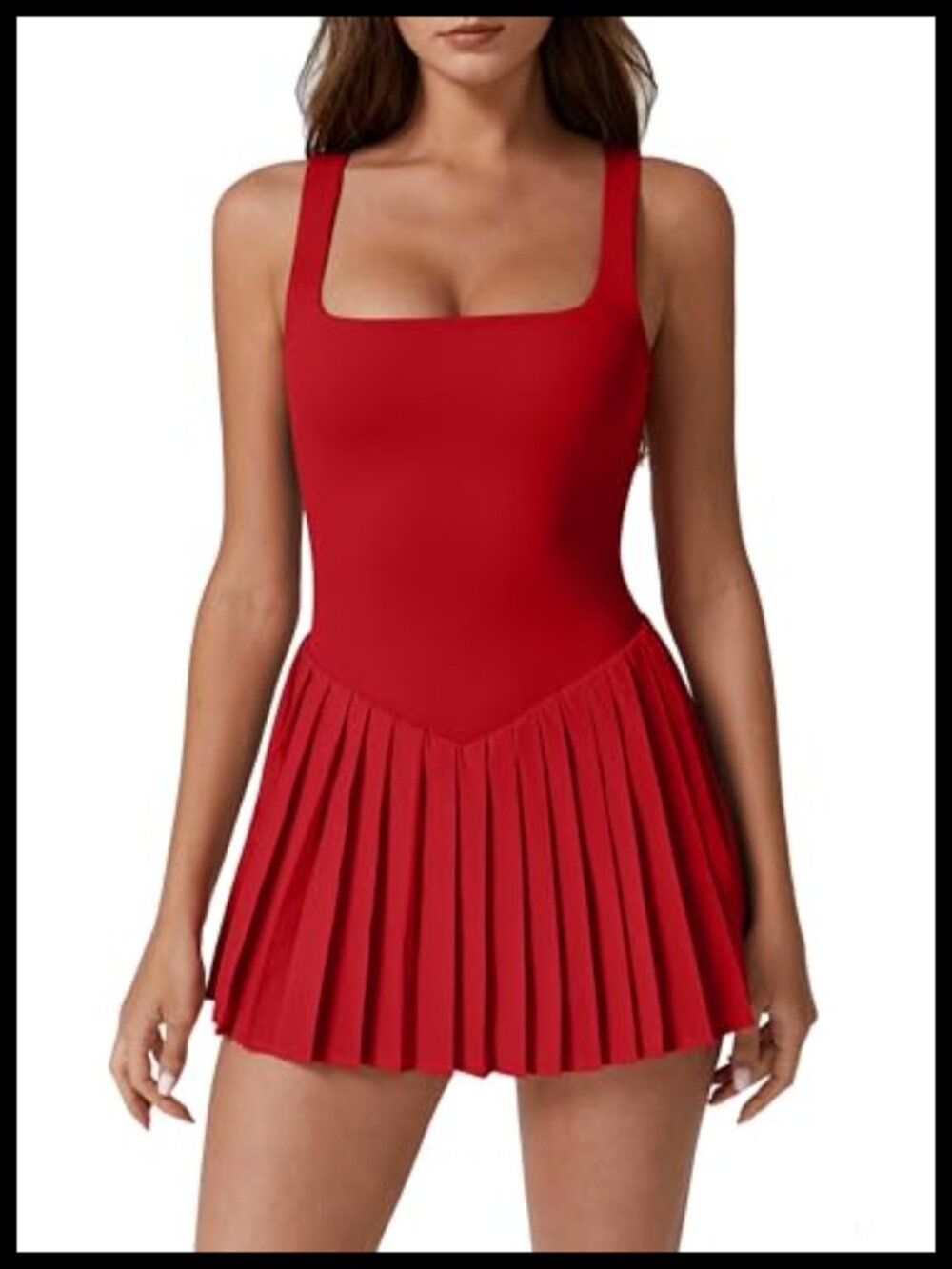 Women's Tennis Dress Square Neck Pleated Sleeveless Built-in Shorts Golf